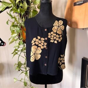 Young Fashion YF Hawaiian Print Black Cream Button Cropped Tank - Size Small